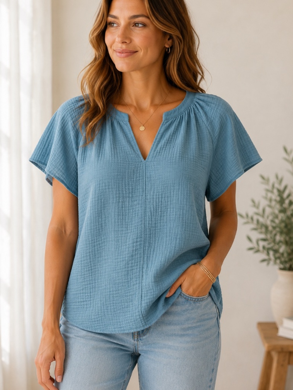 Haven Well Within Blue Organic Cotton Gauze V-Neck Top Size L